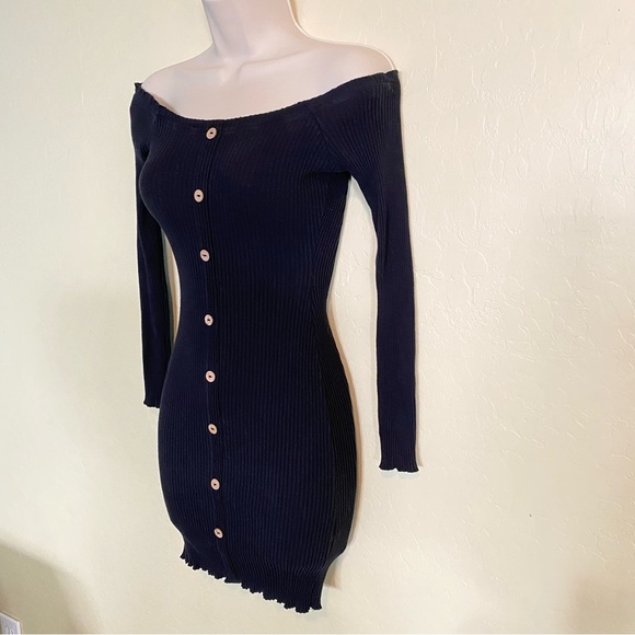 Black Ribbed Knit Off Shoulders Bodycon Mini Dress with Long Sleeves S - Picture 6 of 9